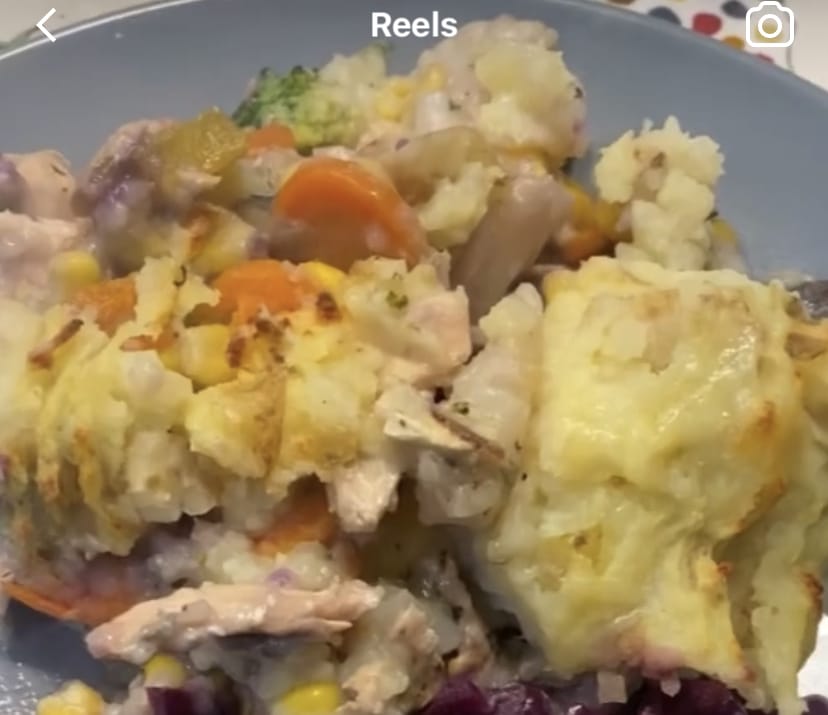 Fish pie made with frozen fish and vegetables.
