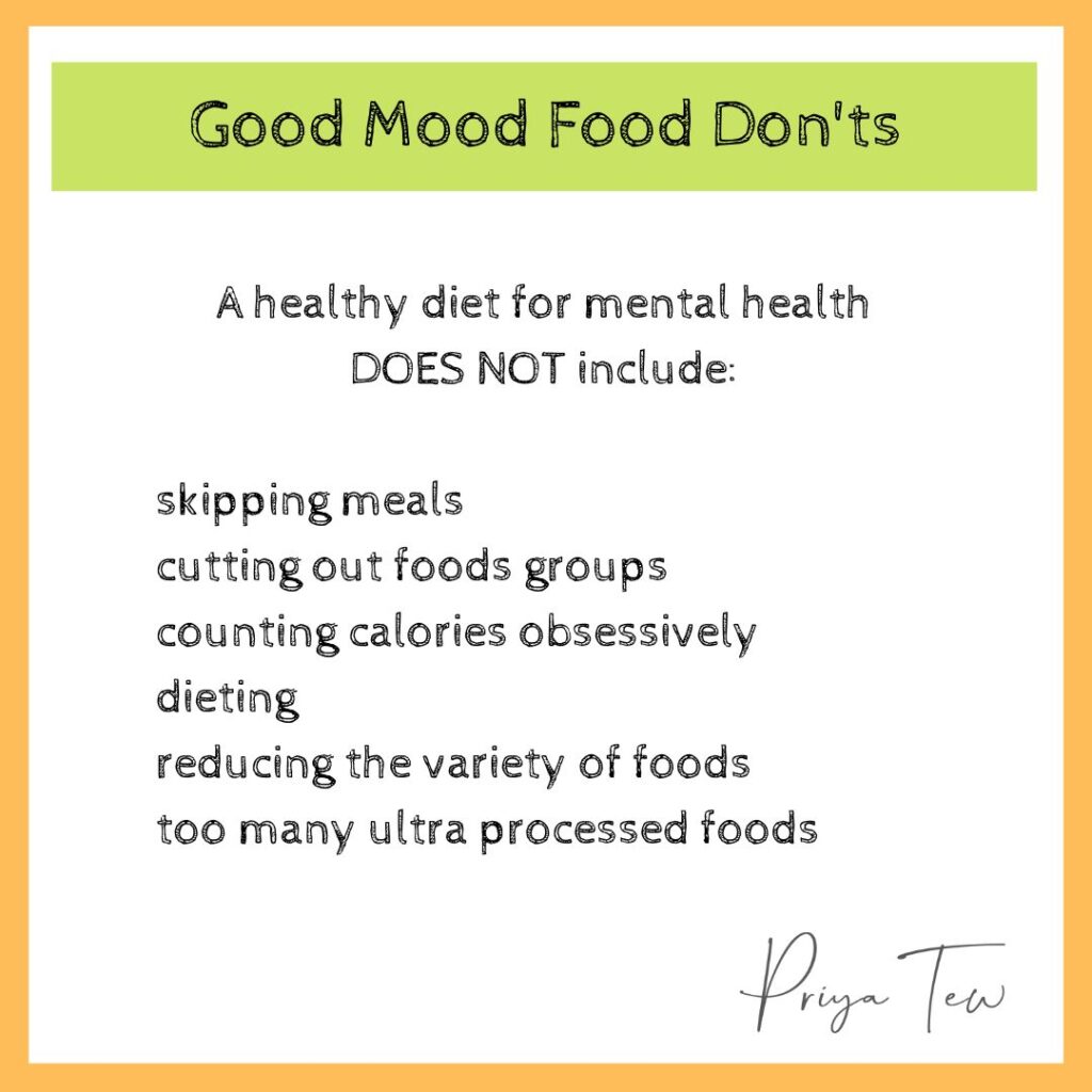 Things not to do for your mood in relation to food including skipping meals and cutting out food groups