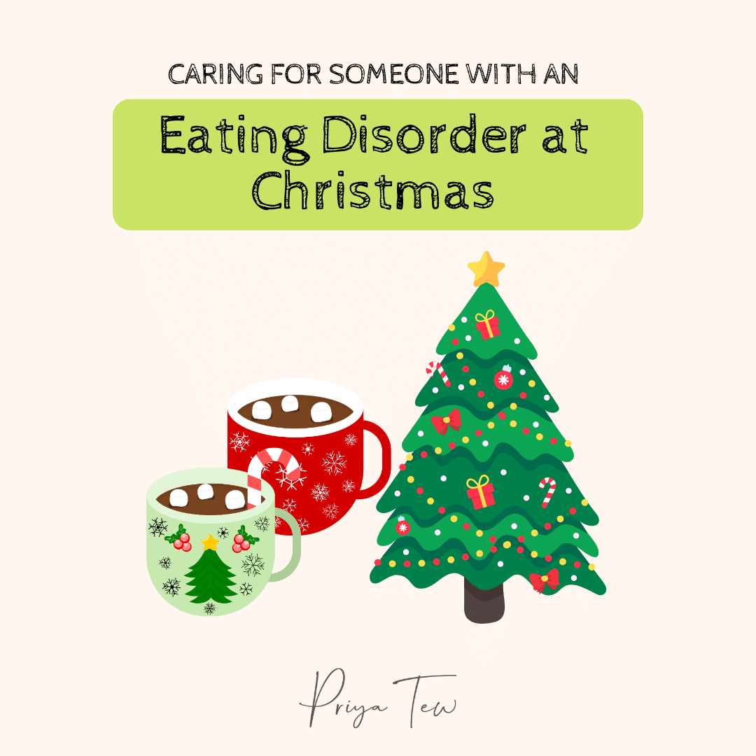 Christmas tree, mugs of hot chocolate adn the words "caring for someon with an Eating Disorder at Christmas"