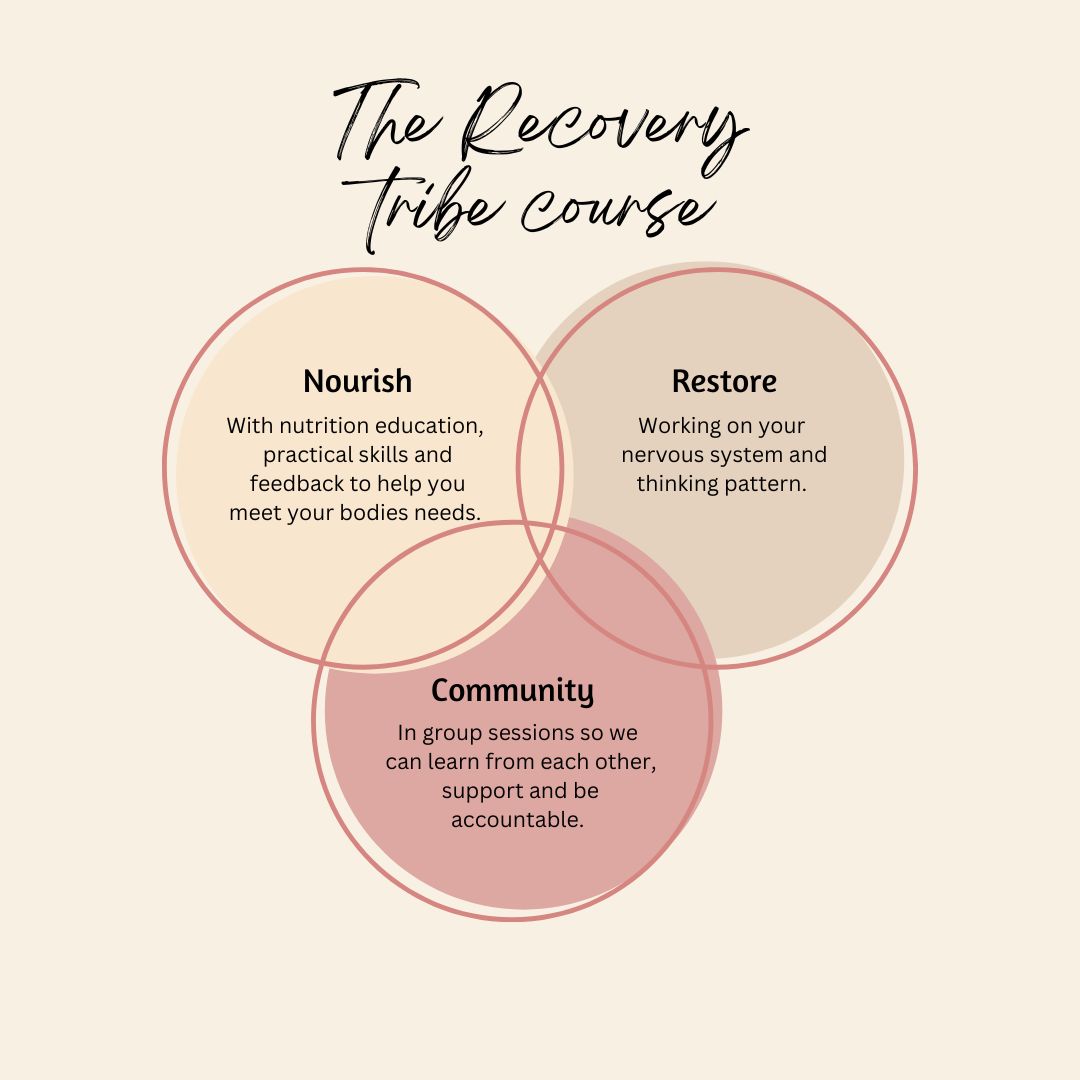 The recovery tribe course, three pillars of recovery infographic - Nourish, Restore, Community