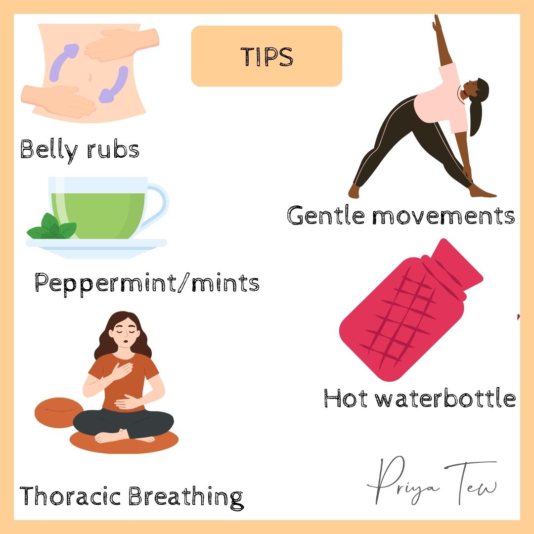 Tips for helping with bloating in anorexia recovery showing images of bell rubs, peppermints, hot water bottles, thoracic breathing