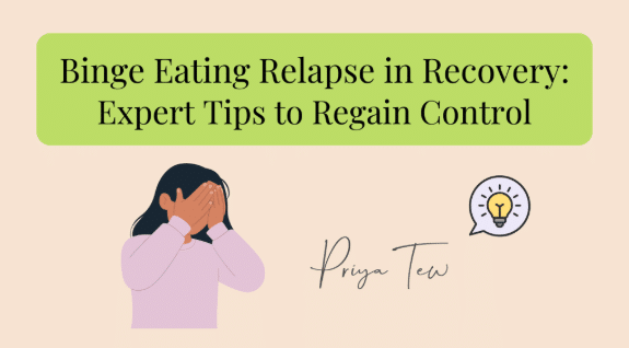 Binge eating relapse in recovery: expert tips to regain control on a peach background with a lady covering her face