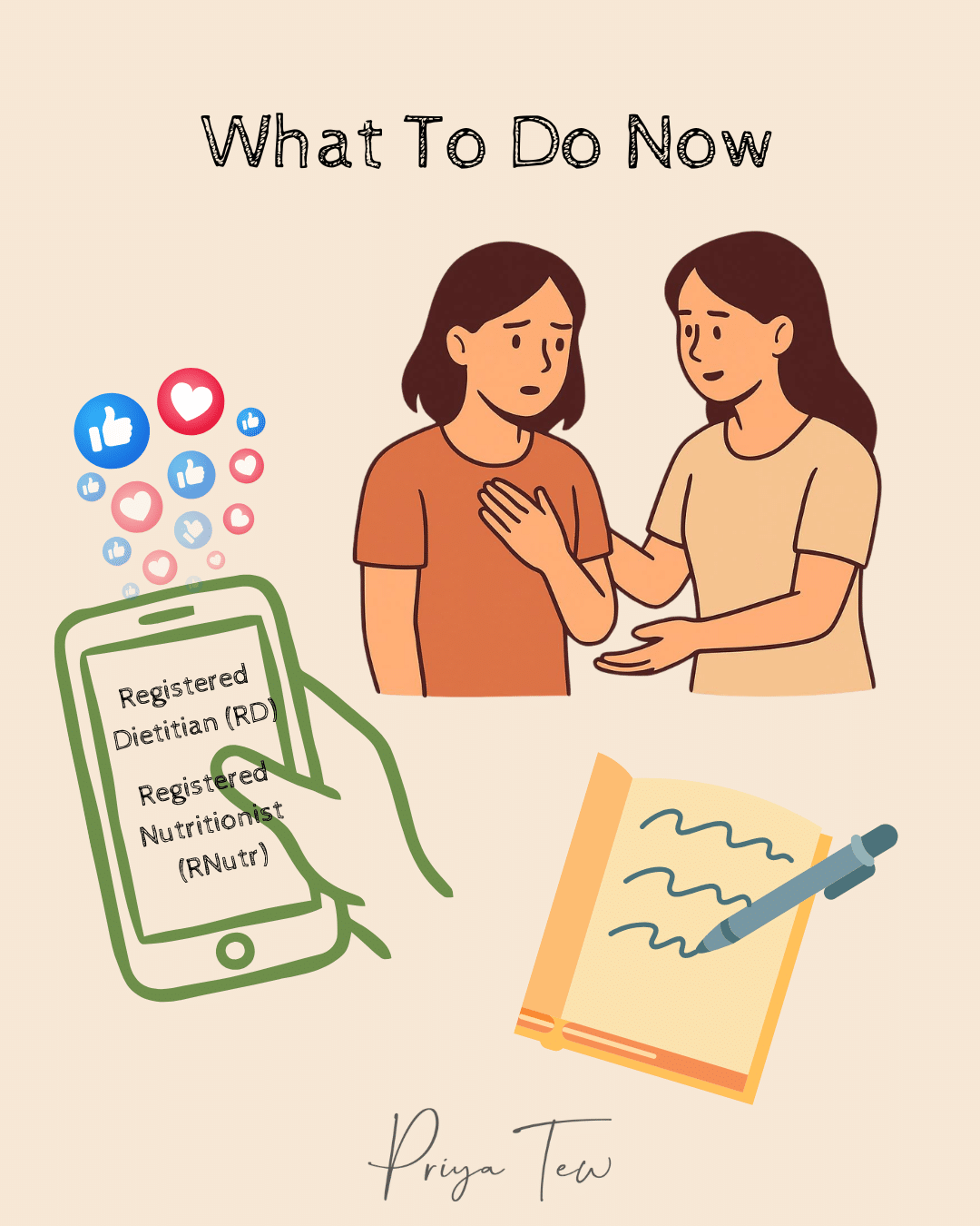 What to do now if you have orthorexia, write down your thoughts, speak to a professional, audit your feed and only take advice from registered dietitians and nutritionists