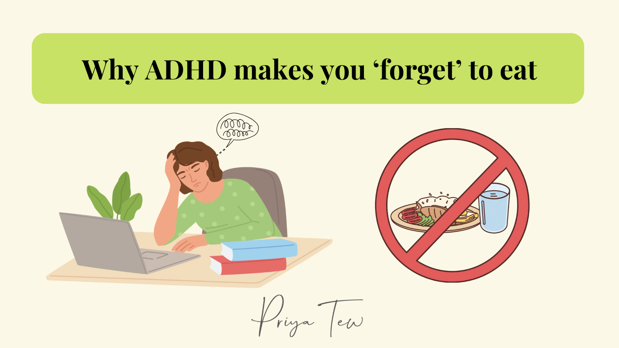 Woman at desk forgetting to eat with text; why ADHD makes you forget to eat